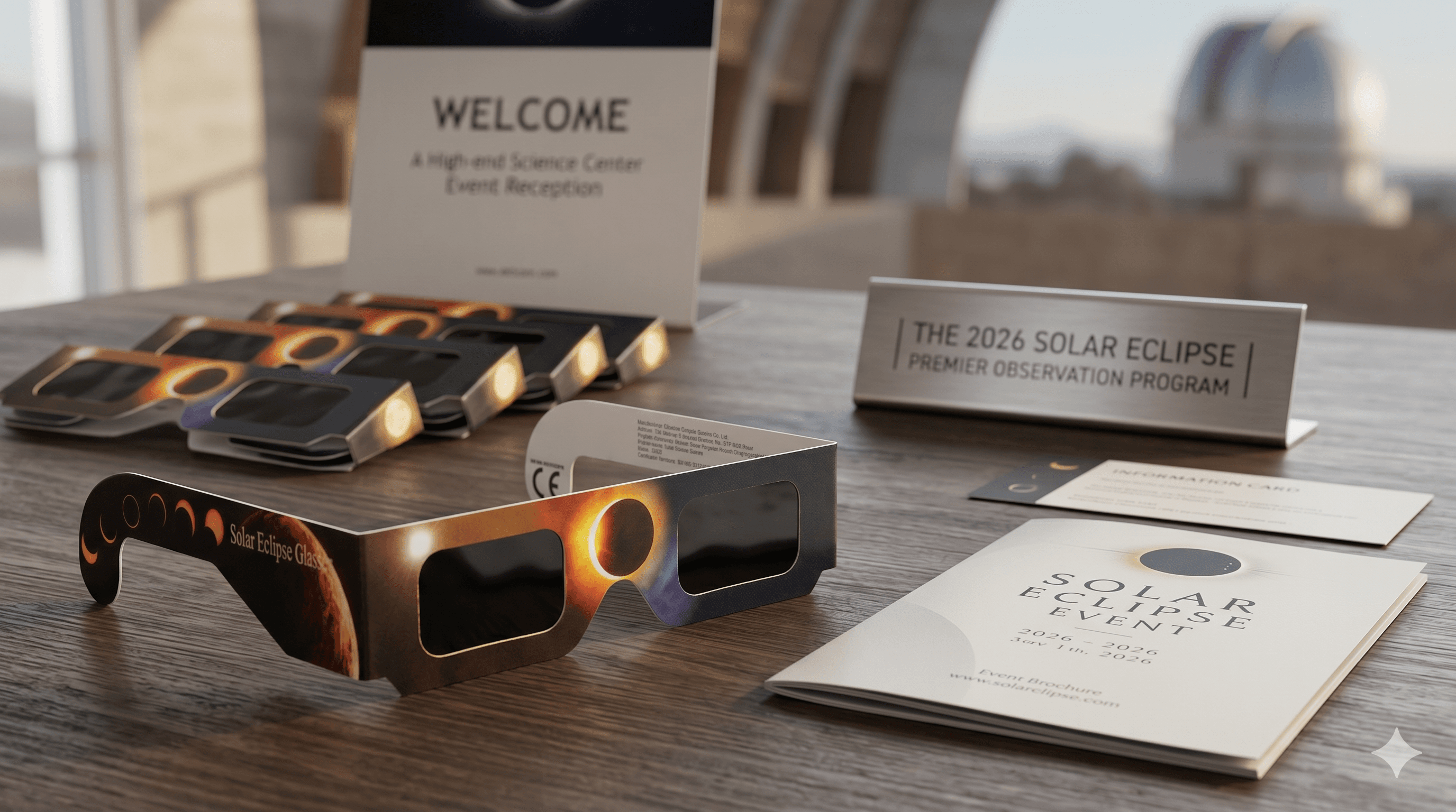 Solar eclipse viewing event with institutional setup and audience